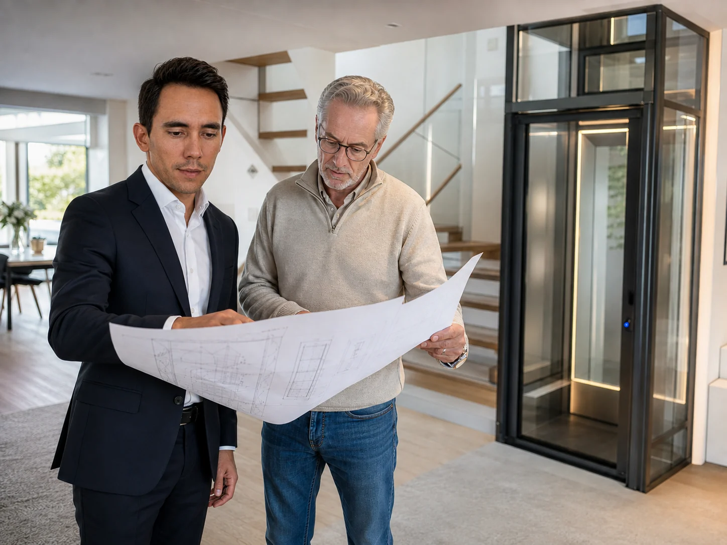 Philip Cortesi reviewing a home lift project with a client